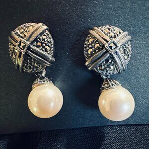 Judith Jack Pearl Drop Sterling Earrings with Marcasite